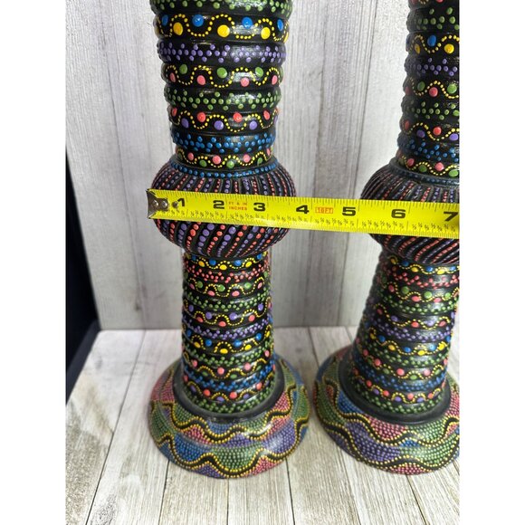 Vtg Folk Art Wood Candle Holder Hand Painted Rainbow Colors 16.5" Set of 2 - Picture 8 of 8
